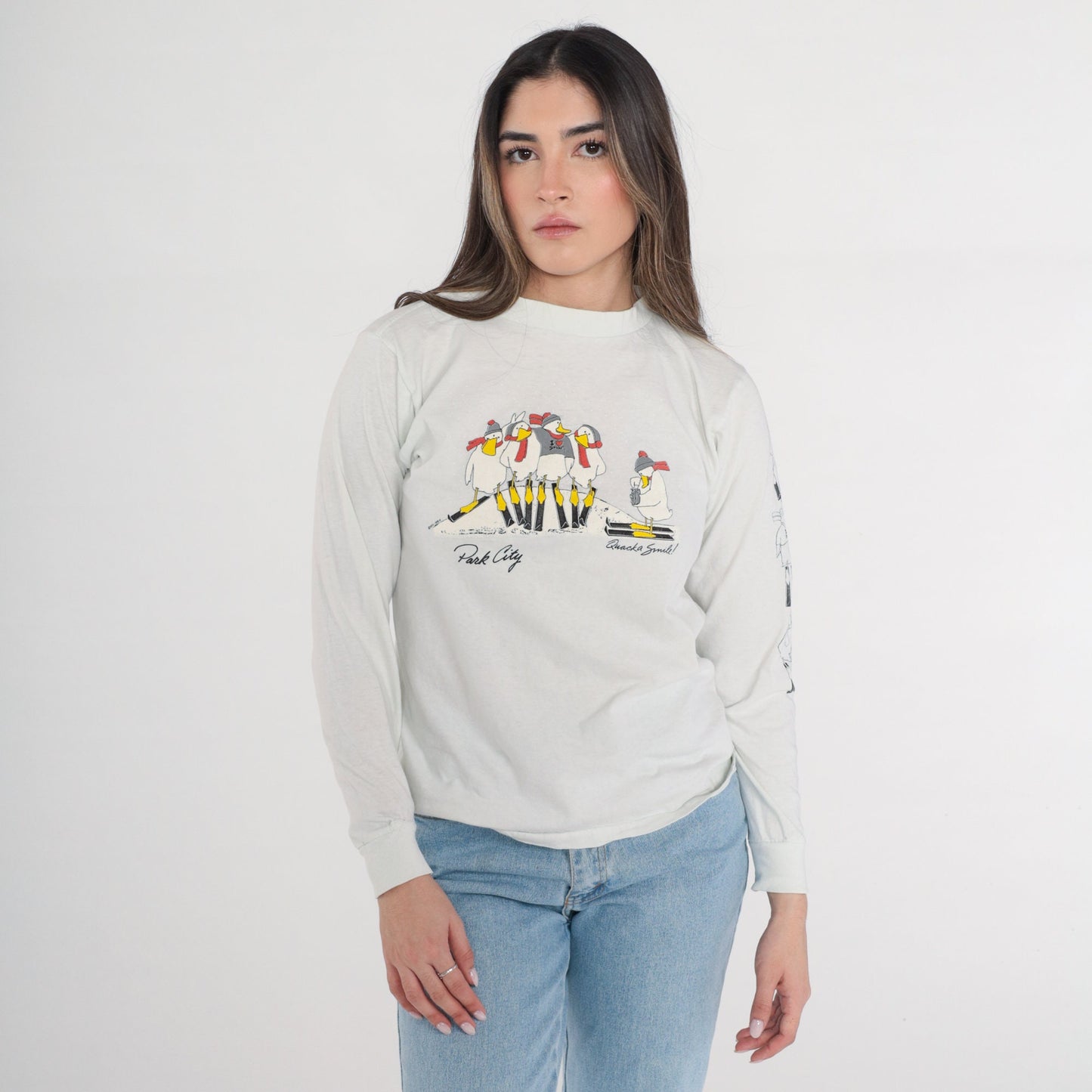 80s Park City Utah Ski Duck Graphic T-Shirt Long Sleeve Grey Medium