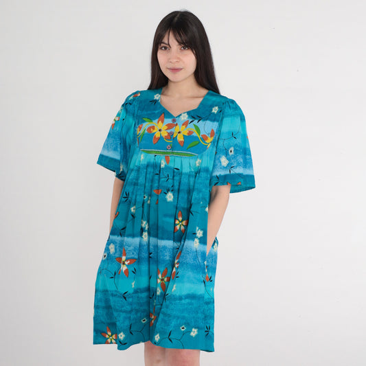 80s Tie Dye Floral Mini Dress Blue Tropical Cotton Tent Cut Pockets Small