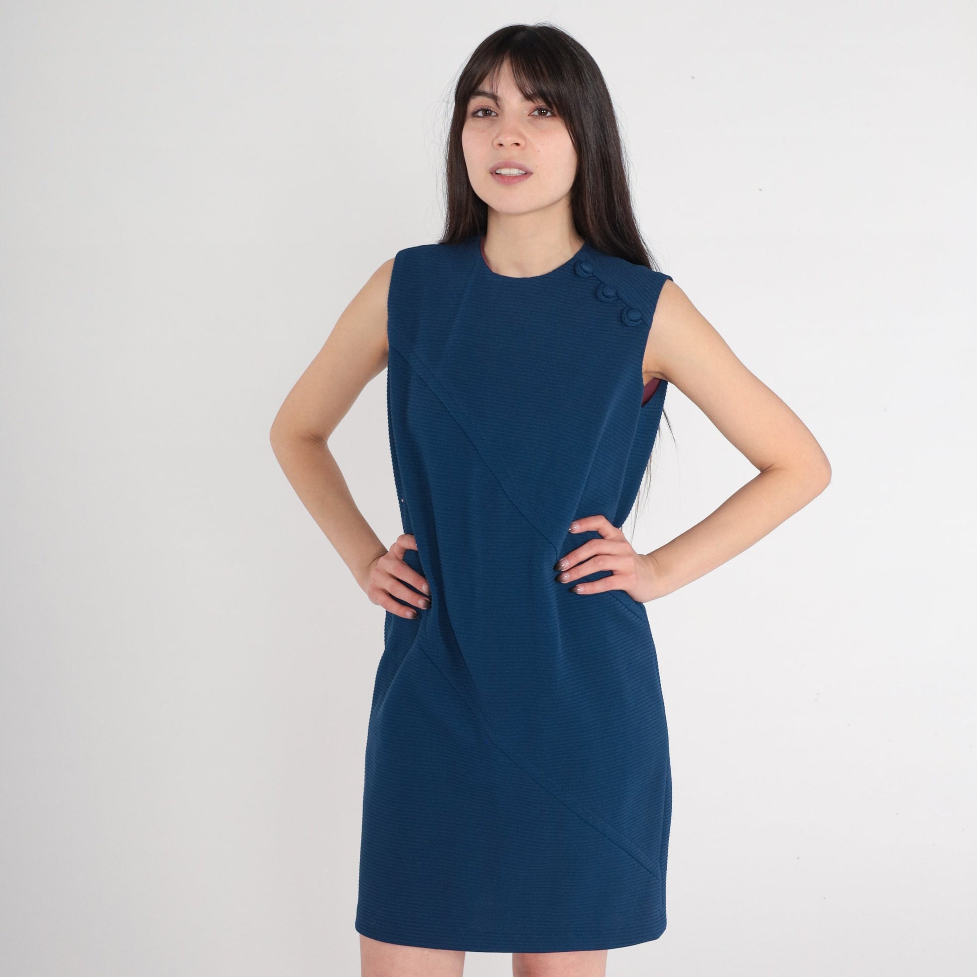 60s Navy Shift Dress Mini Sleeveless Mod Dress Small S