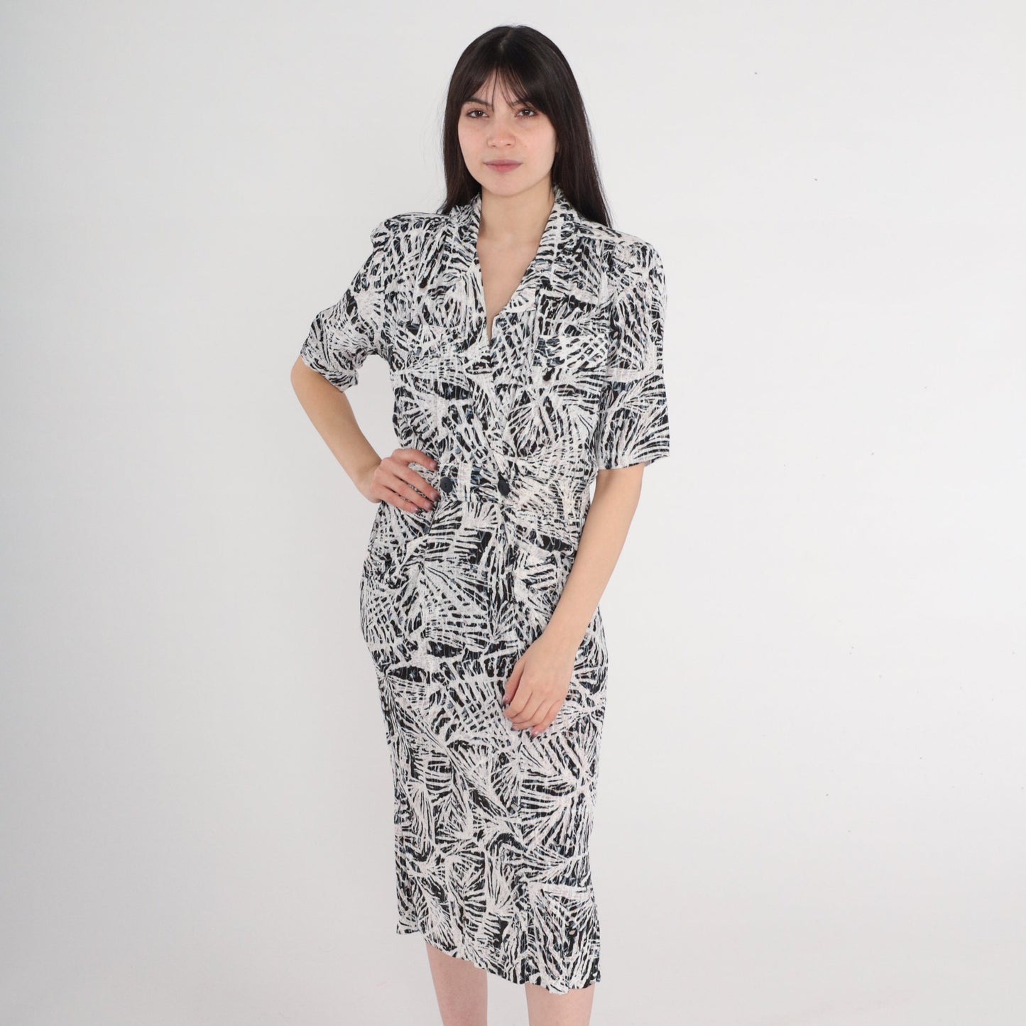 90s Abstract Print Midi Wrap Dress Collared V-Neck Pockets Small