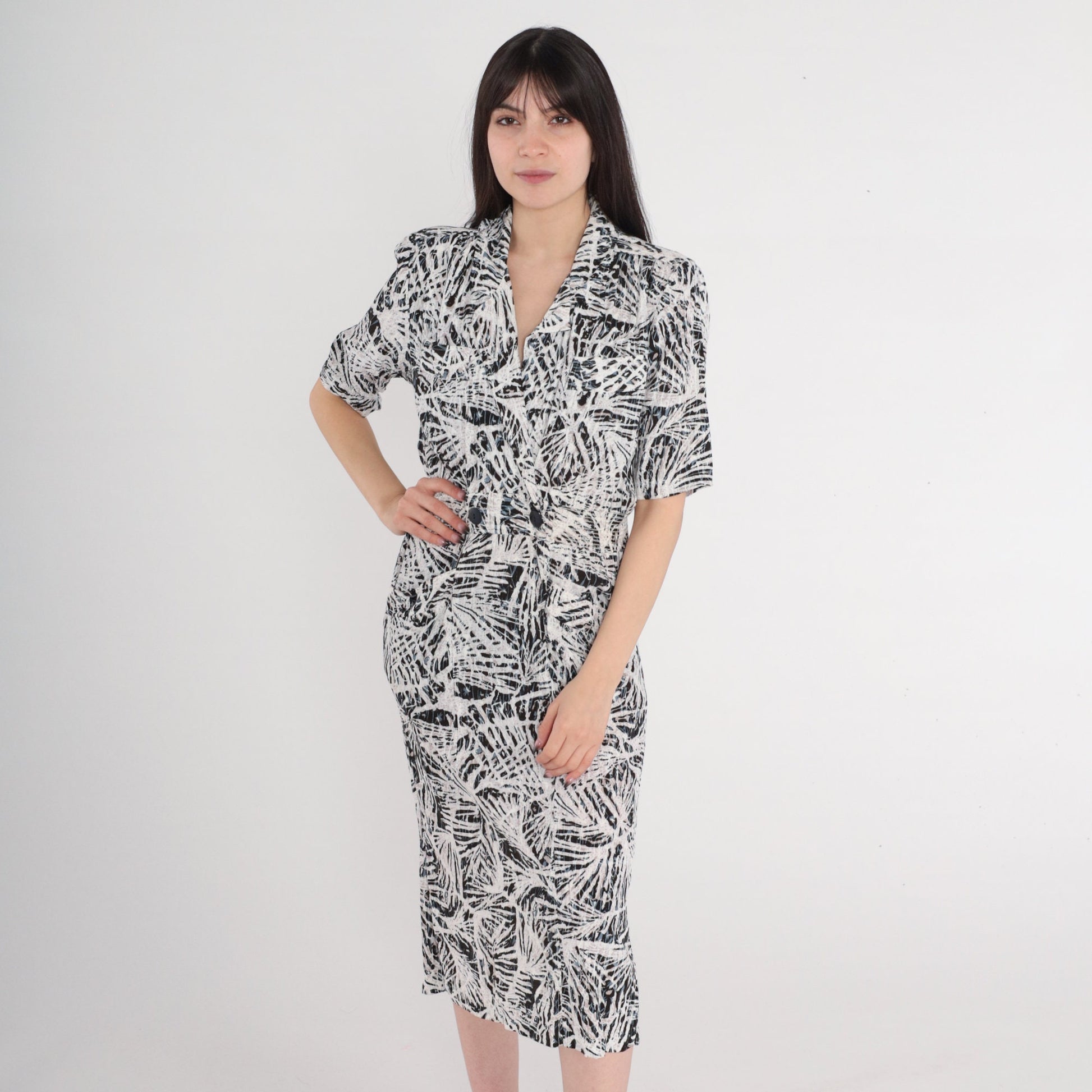 90s Abstract Print Midi Wrap Dress Collared V-Neck Pockets Small