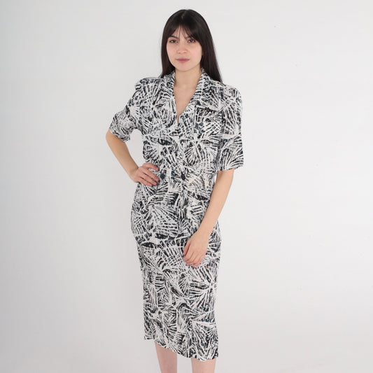 90s Abstract Print Midi Wrap Dress Collared V-Neck Pockets Small