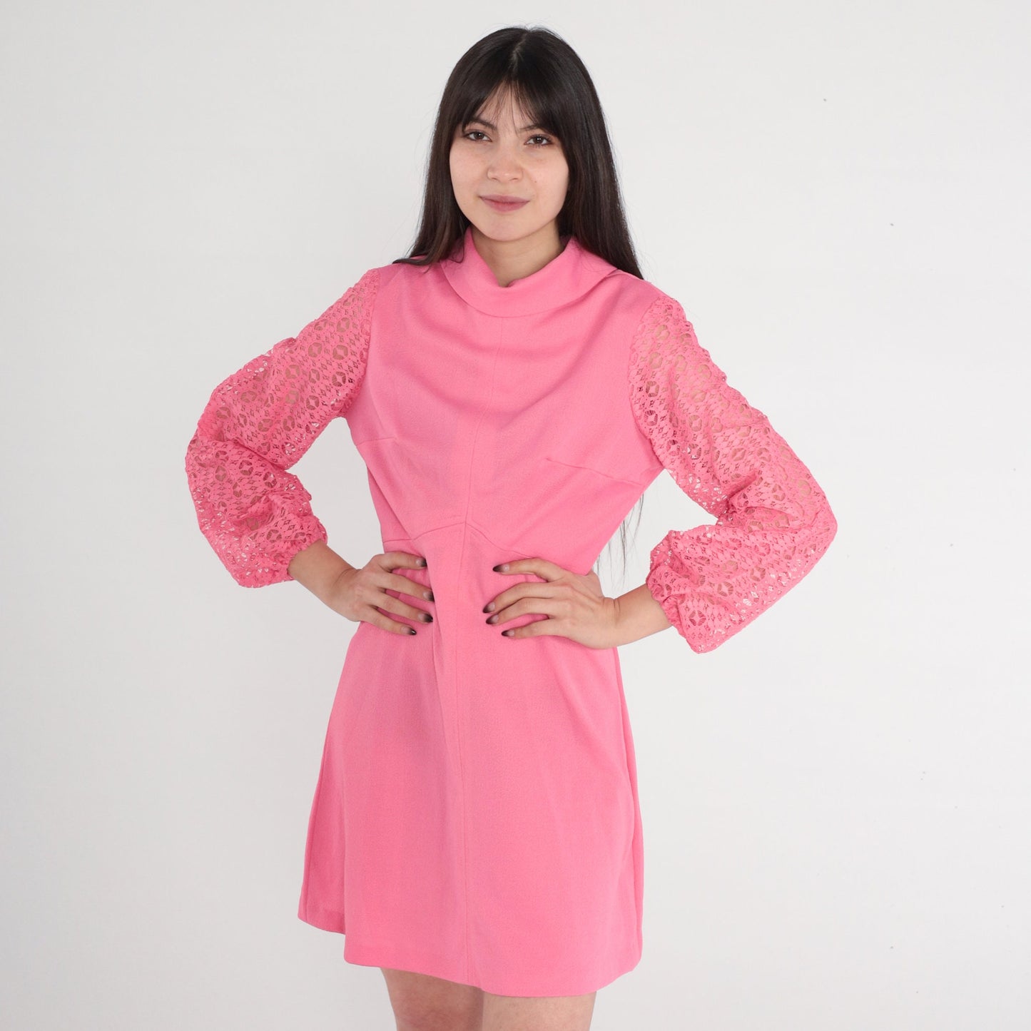 70s Pink Mini Dress Empire Waist Sheer Lace Sleeves Mock Neck Small