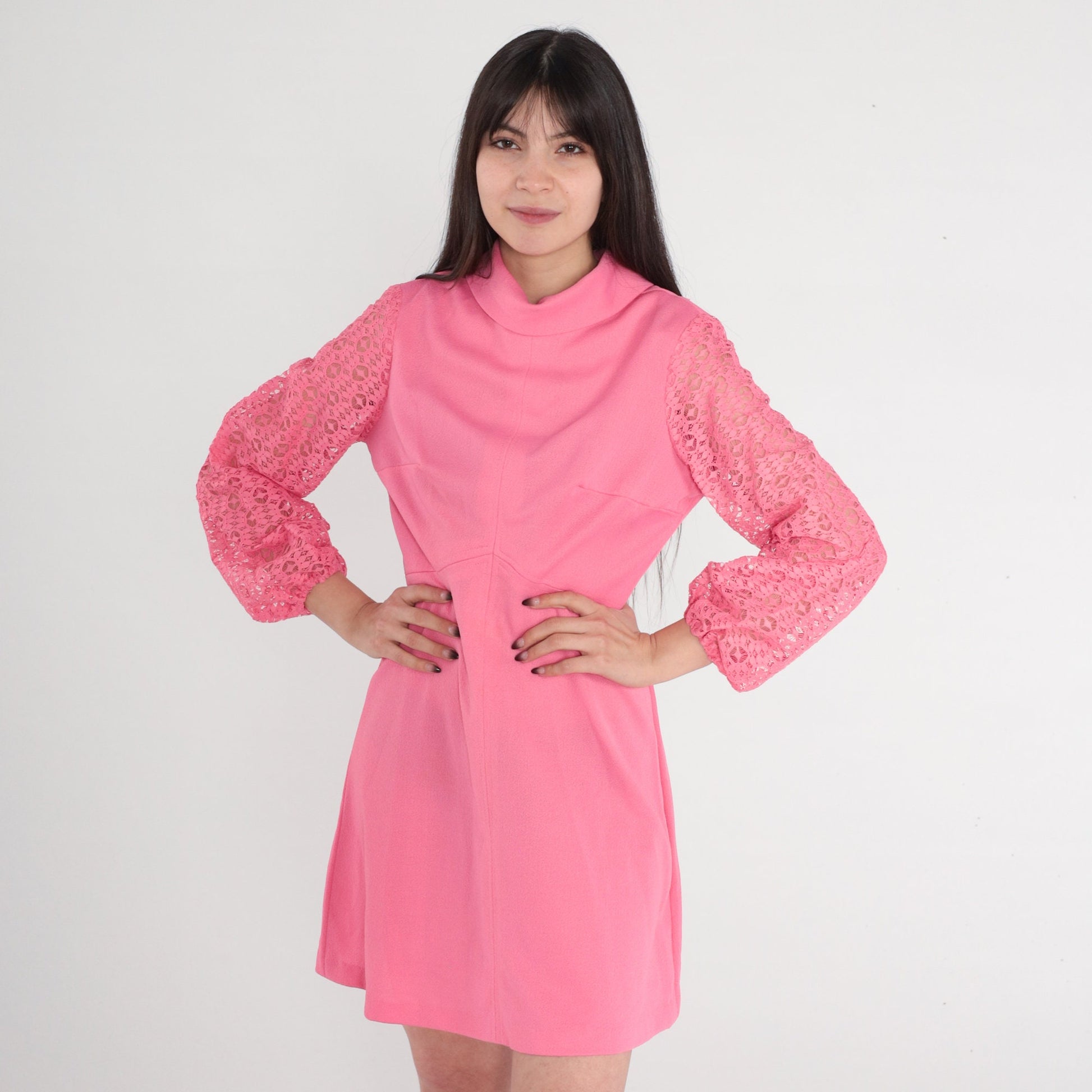 70s Pink Mini Dress Empire Waist Sheer Lace Sleeves Mock Neck Small