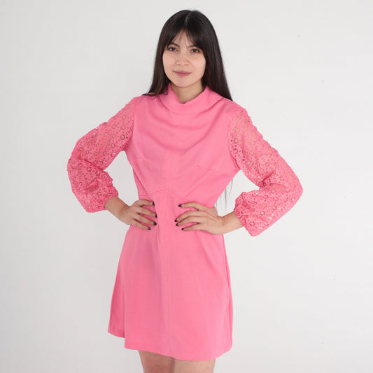 70s Pink Mini Dress Empire Waist Sheer Lace Sleeves Mock Neck Small