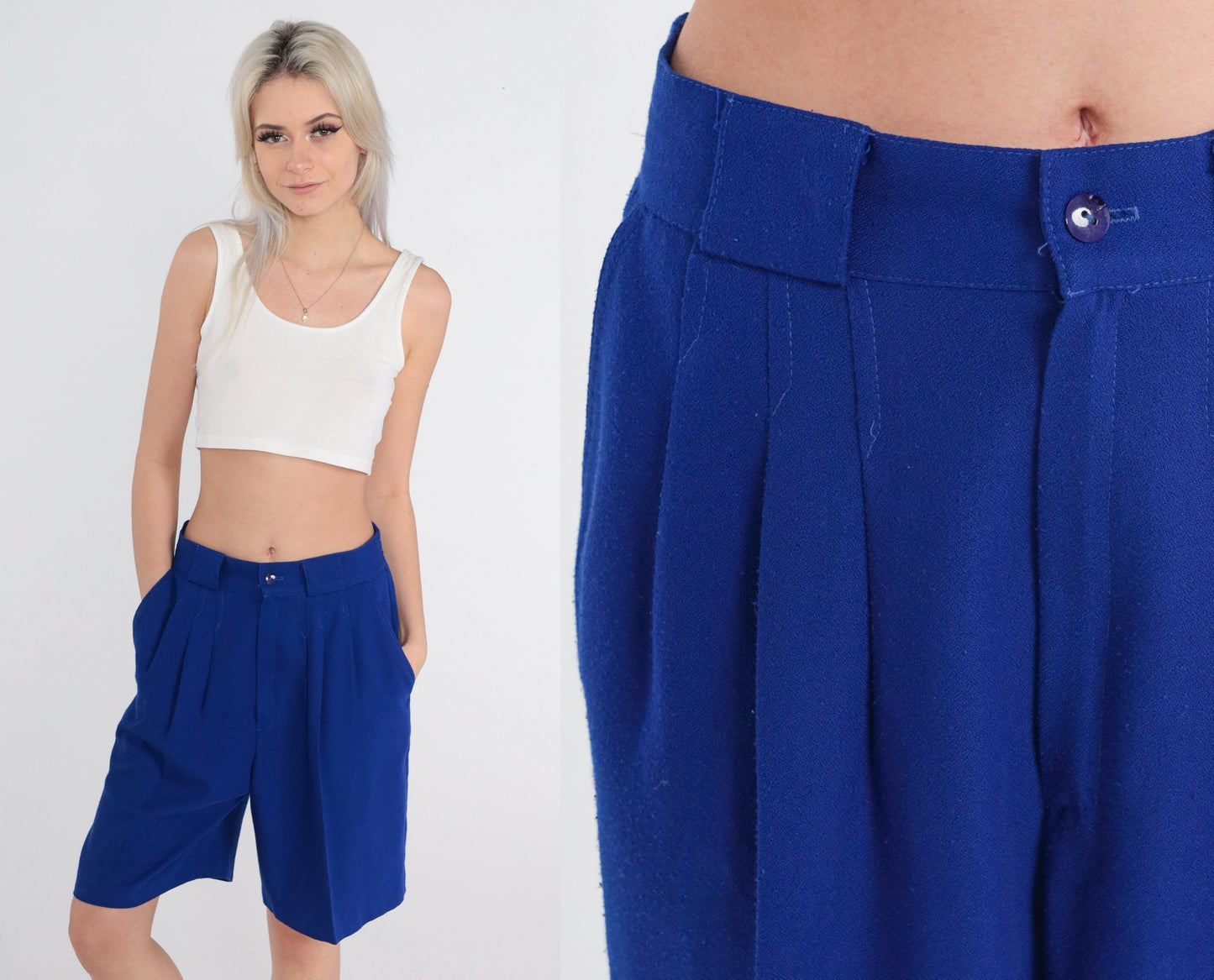80s Blue Pleated High-Waisted Shorts Knee Length Medium