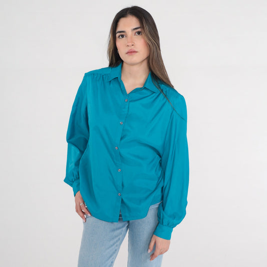 80s Lady Manhattan Blue Button-Up Blouse Shoulder Pleats Collared Long Sleeve Large