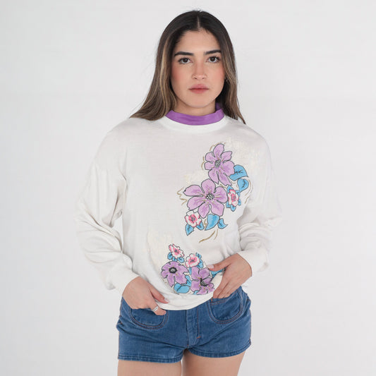 90s Glitter Floral Sweatshirt White Mock Neck Purple Layered Small S