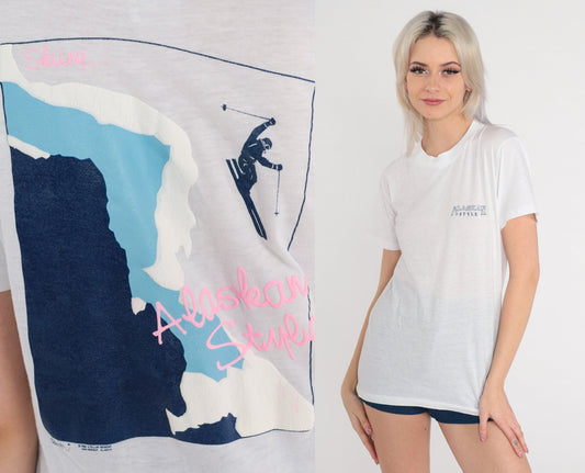 80s Ski Alaska Graphic T-Shirt Single Stitch Burnout Tee Small S