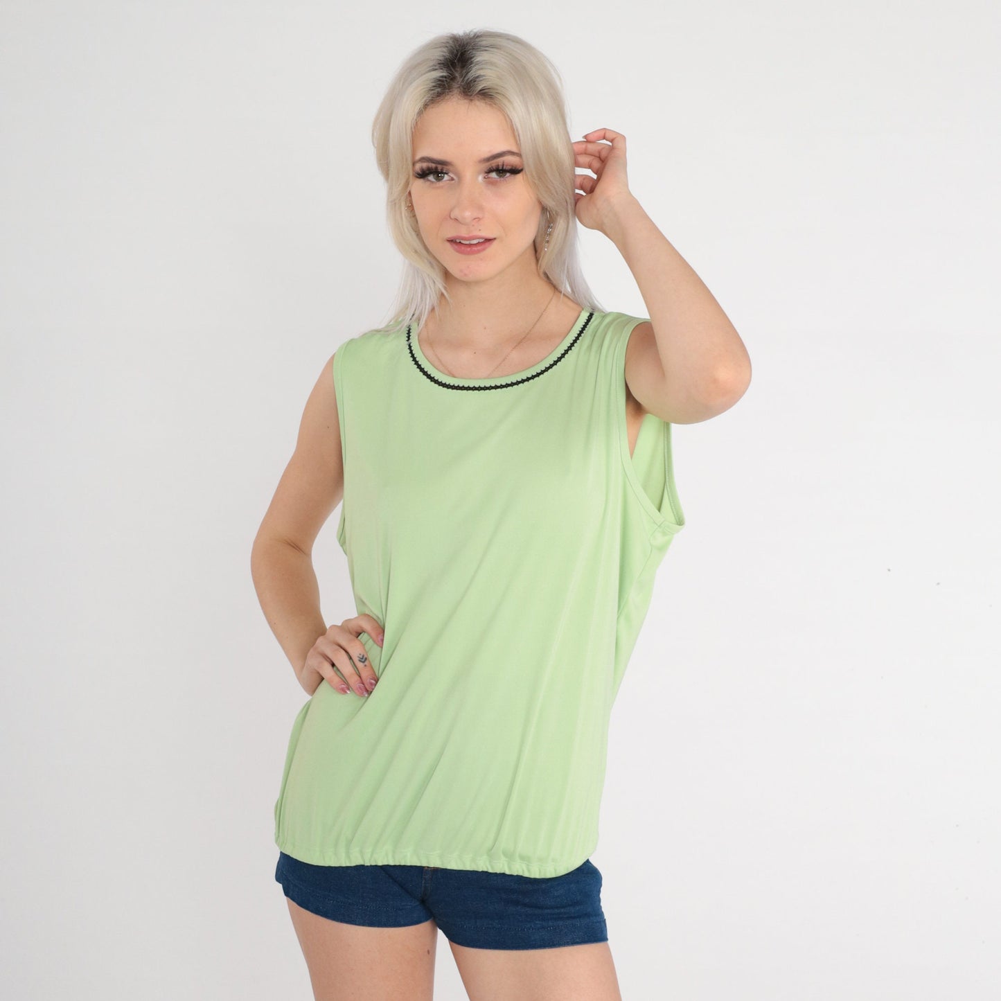 90s Green Tank Top Black Trim Sleeveless Shirt Large L