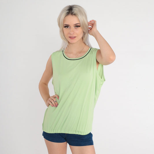 90s Green Tank Top Black Trim Sleeveless Shirt Large L