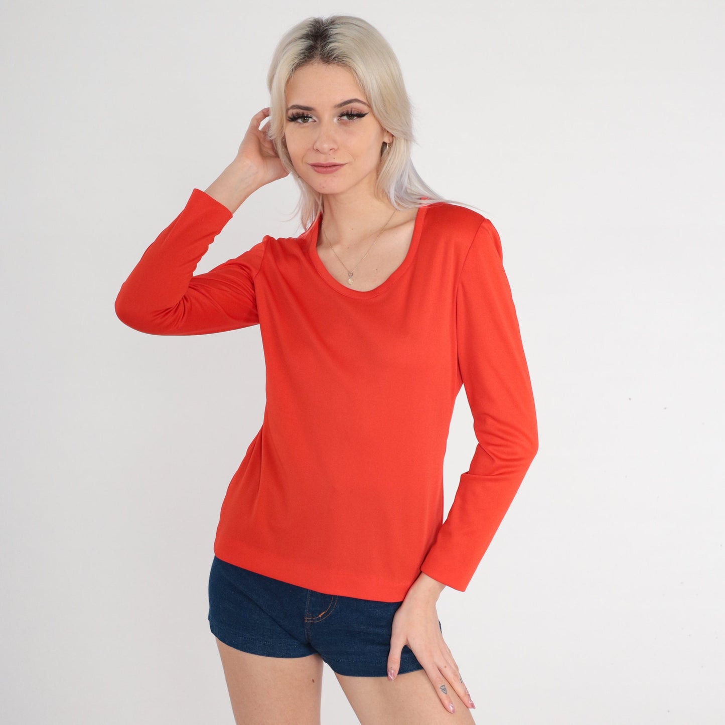 70s Red-Orange Scoop Neck Long Sleeve Shirt Small
