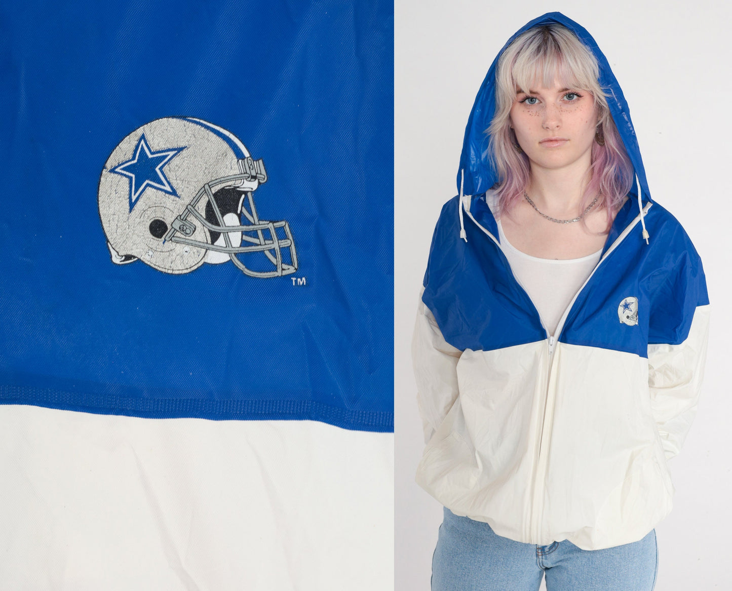90s Dallas Cowboys PVC Rain Jacket Colour Block Blue White Extra Large XXL