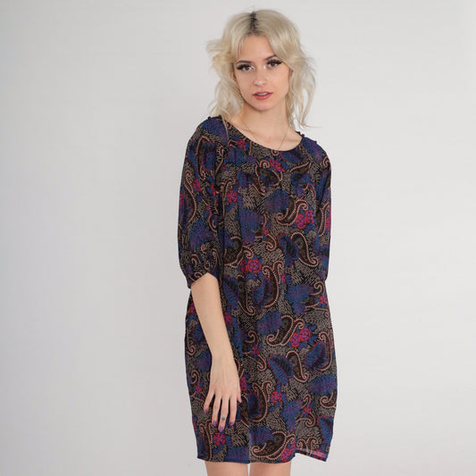 70s I Magnin Paisley Floral Mini Dress Black Half Sleeve Tent Cut Medium