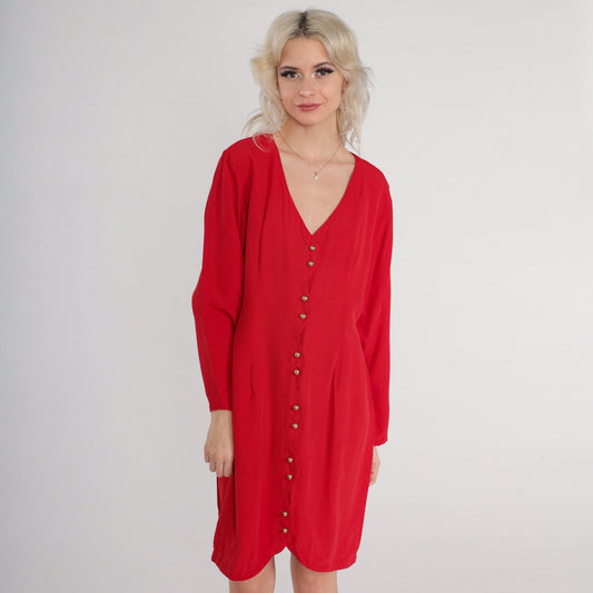 80s Red Button-Up Mini Dress Long Sleeve Sheath Pencil Cut Medium