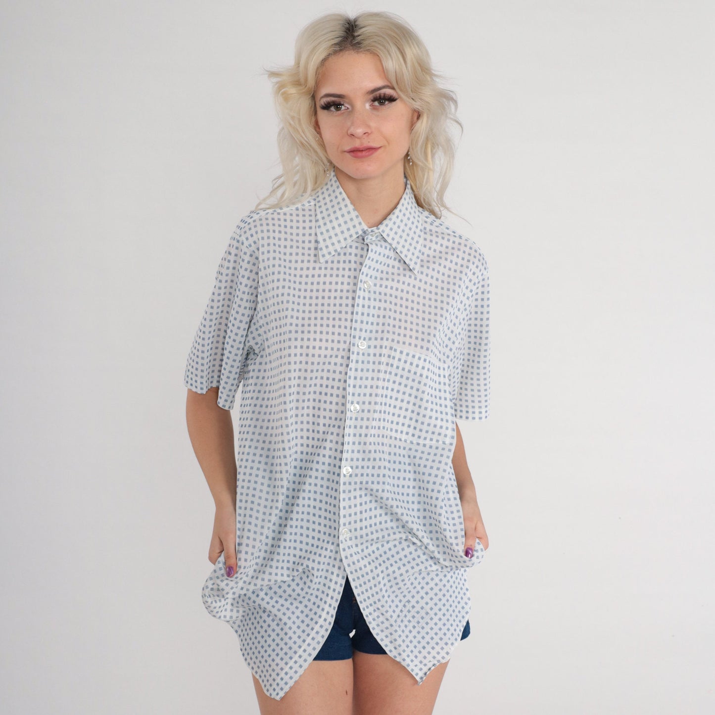 70s Arrow Button-Up Shirt White Blue Square Print Short Sleeve Pointed Collar Large