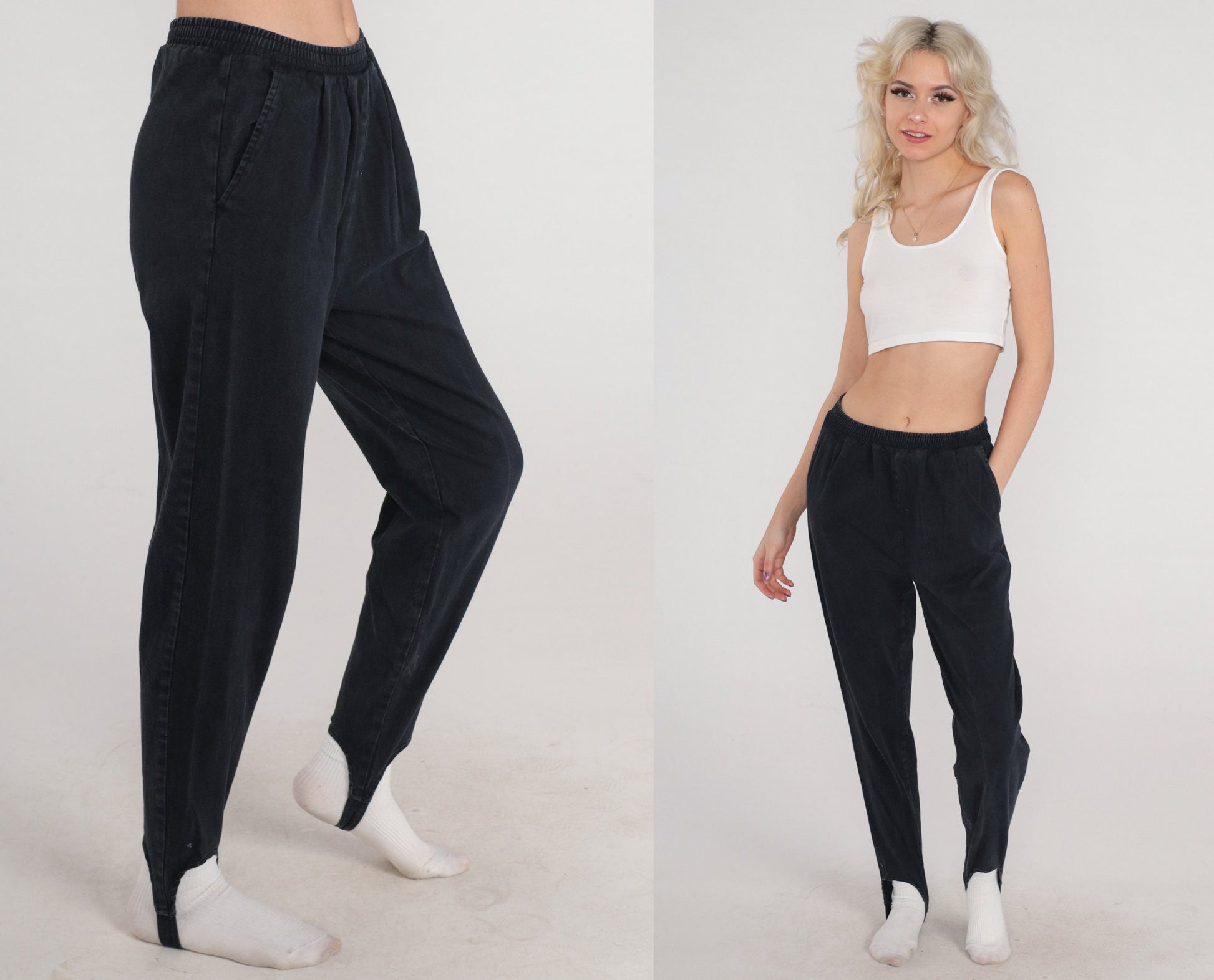 90s Black Stirrup Pants Tapered High Waist Trousers Small S
