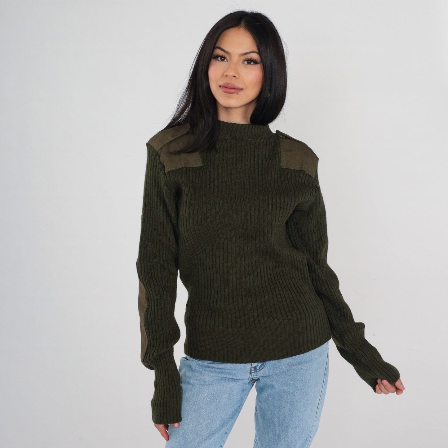 Wool Army Sweater Military Pullover Olive Drab Elbow Patch Small