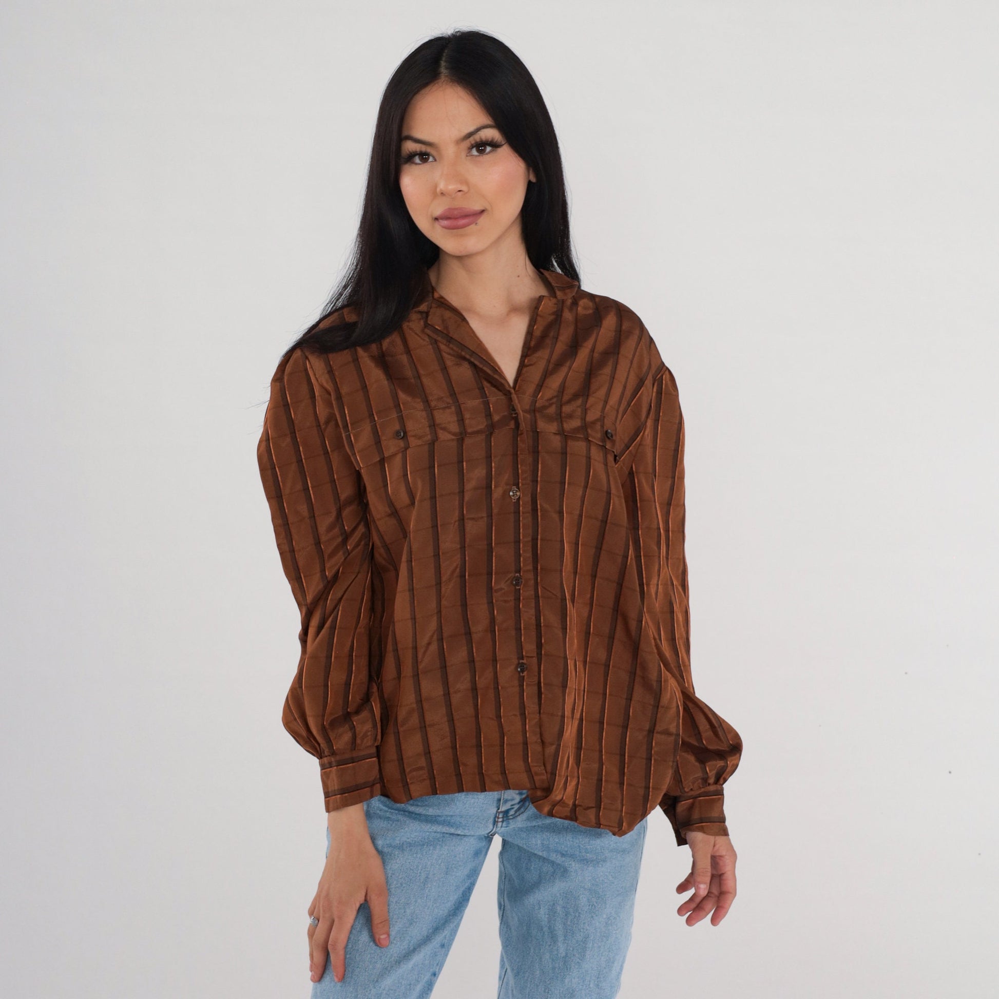 80s Brown Checkered Button-Up Blouse Puff Sleeve Collared Shirt Large L