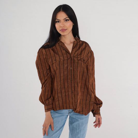 80s Brown Checkered Button-Up Blouse Puff Sleeve Collared Shirt Large L