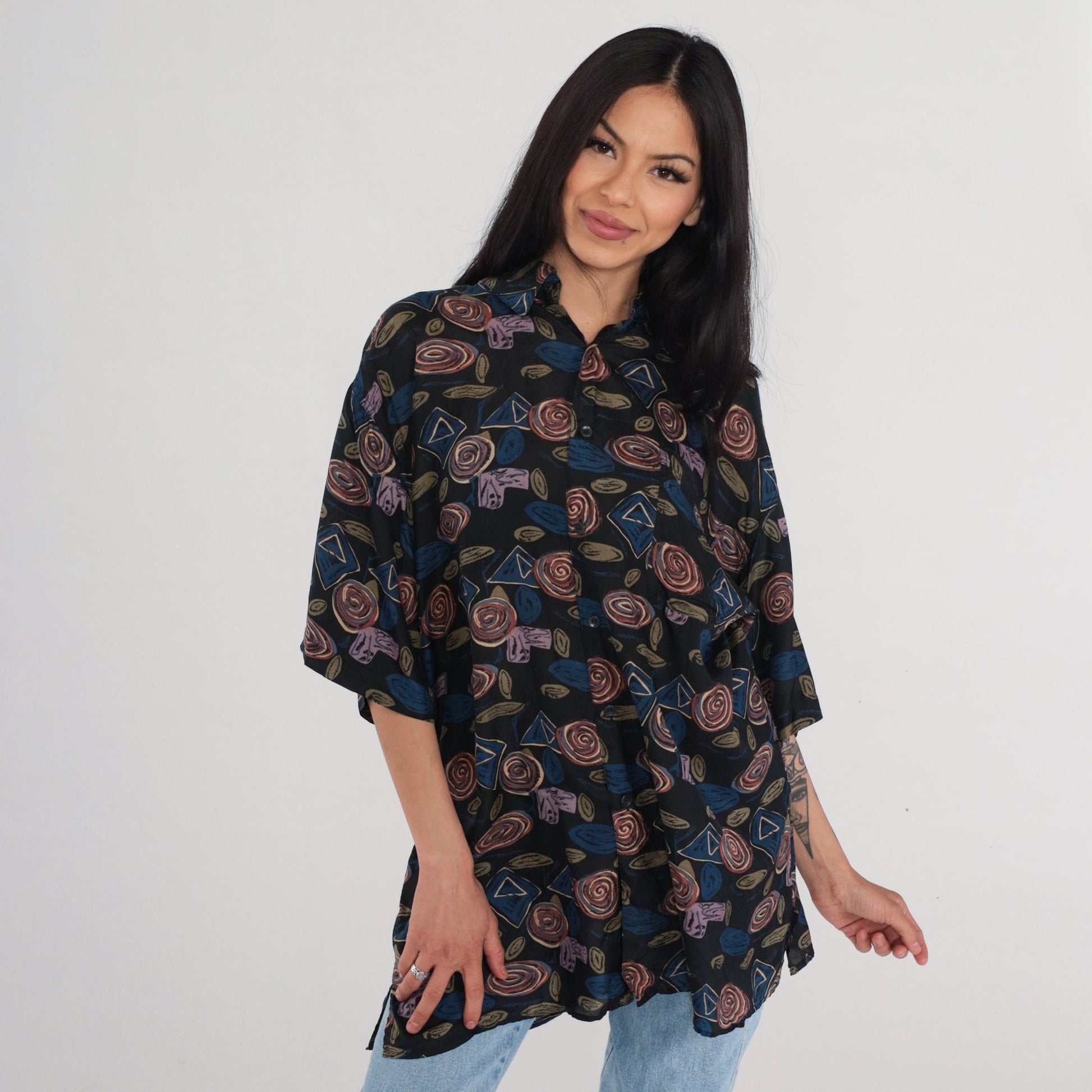 90s Robert Stock Silk Button-Up Shirt Abstract Geometric Print Black Blue Large