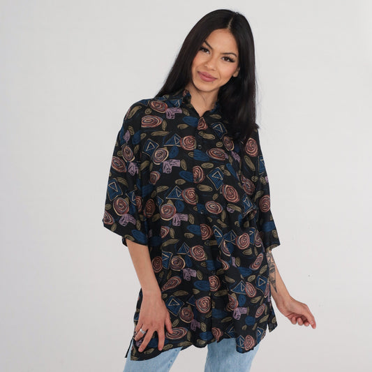 90s Robert Stock Silk Button-Up Shirt Abstract Geometric Print Black Blue Large
