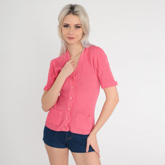 70s Pink Ribbed Knit Cardigan Short Sleeve Button Up Top Small