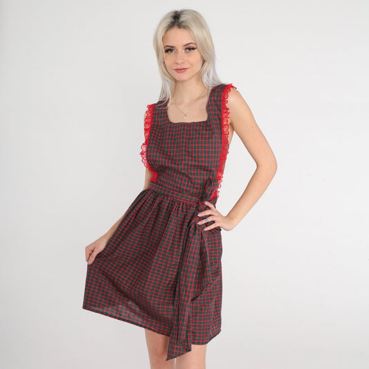70s Red Green Plaid Apron Dress Lace Trim Open Back Small Medium