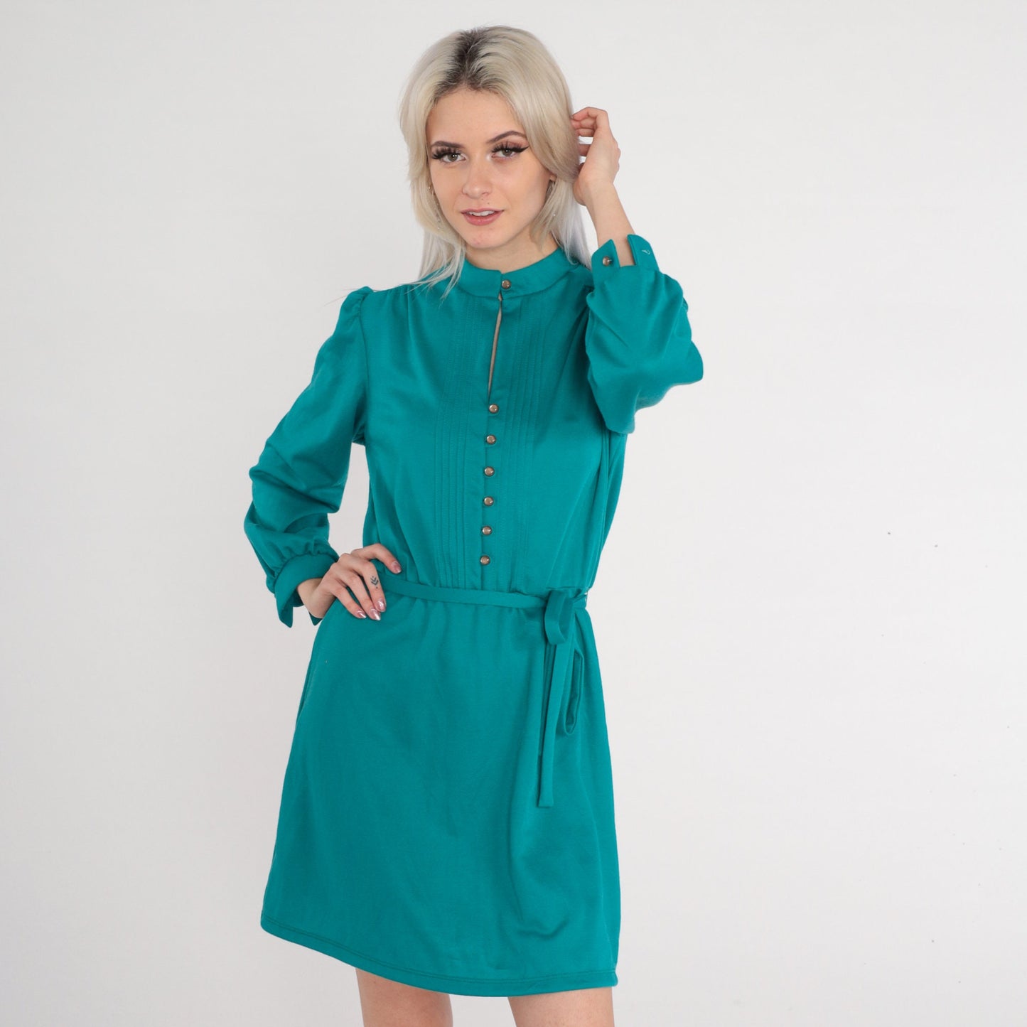 1970s Teal Green Wool Blend Mini Dress Puff Sleeve Button-Up High Waist Medium