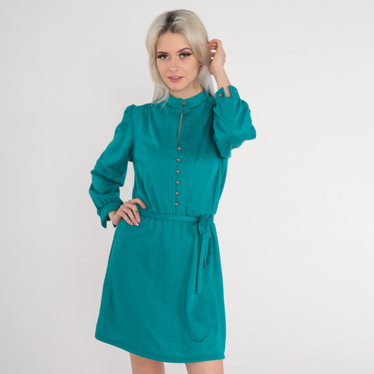 1970s Teal Green Wool Blend Mini Dress Puff Sleeve Button-Up High Waist Medium