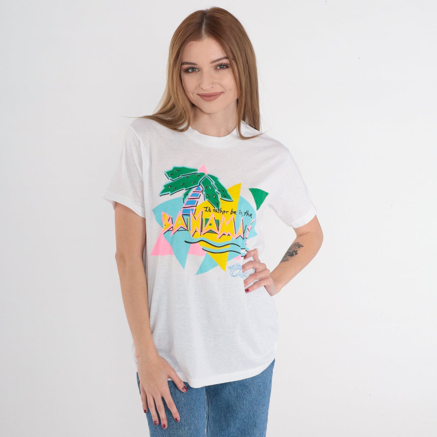 80s Bahamas Graphic T-Shirt I'd Rather Be Palm Tree Cruise Ship Medium