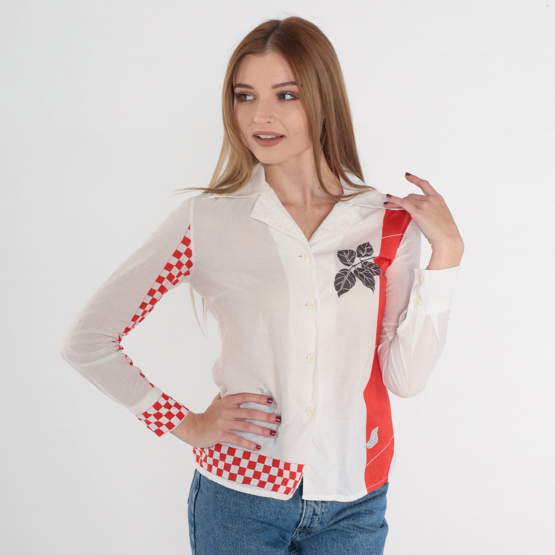 80s Leaf Print Button-Up Blouse White Red Checkered Striped Long Sleeve Extra Small