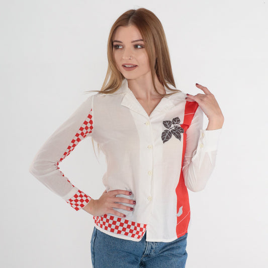80s Leaf Print Button-Up Blouse White Red Checkered Striped Long Sleeve Extra Small