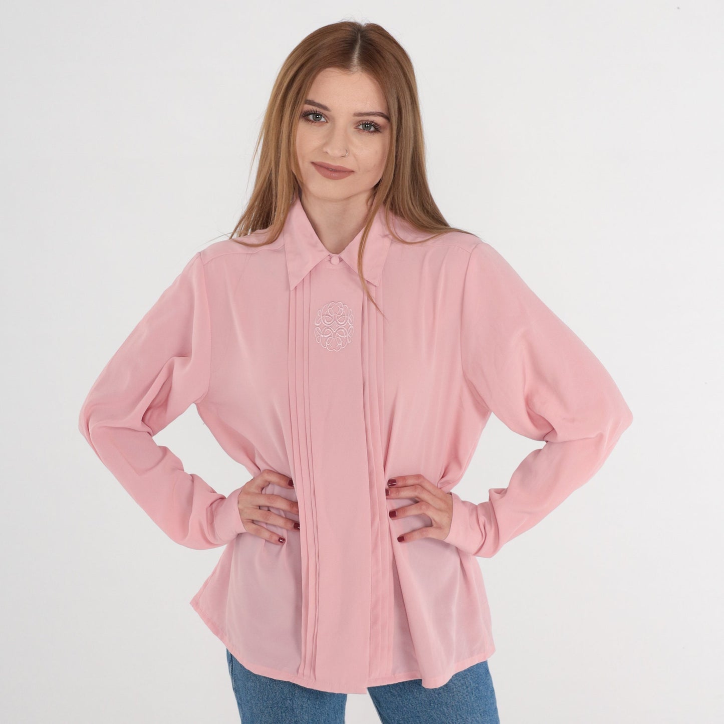 80s Pink Pleated Blouse Embroidered Long Sleeve Button Up Collared Shirt Large L
