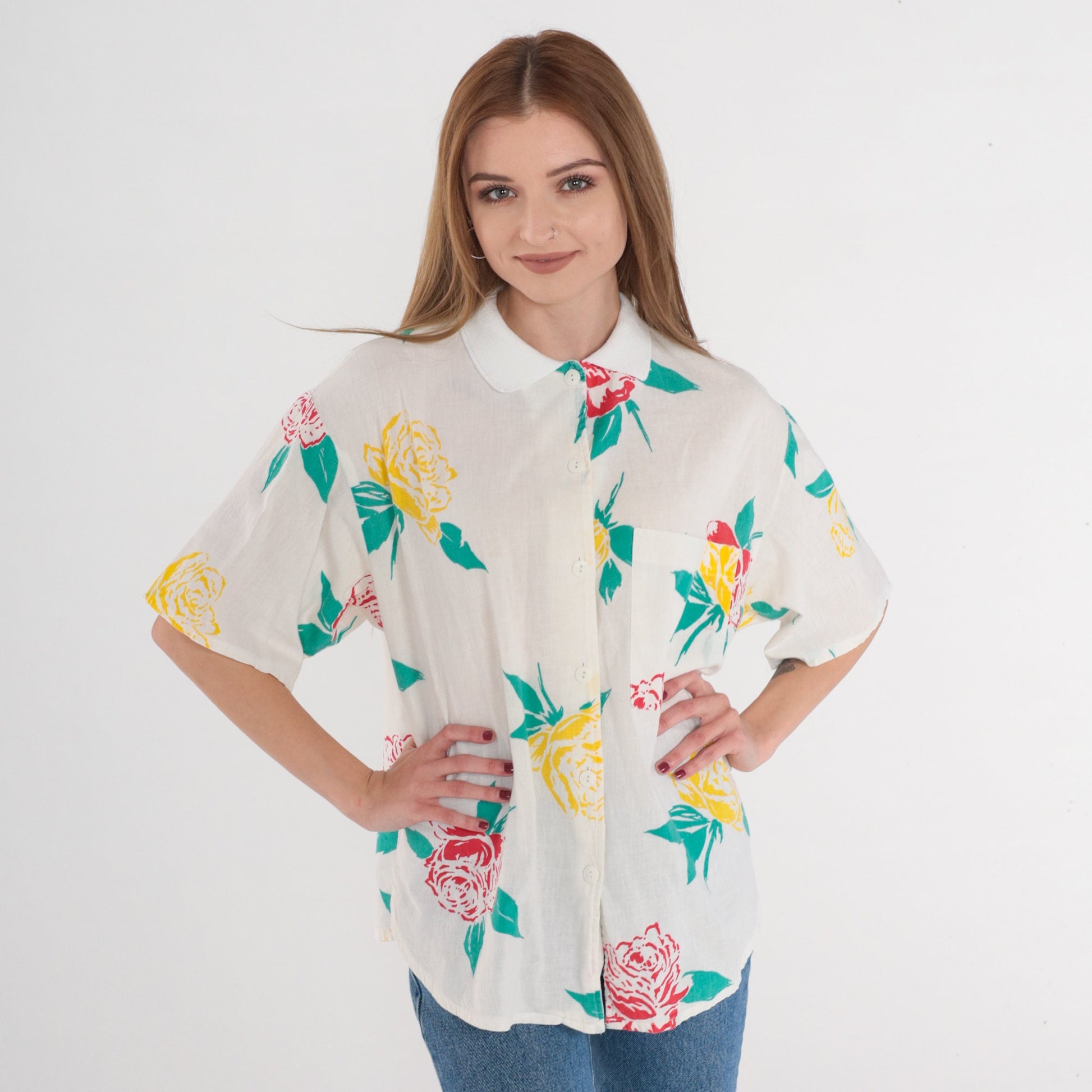 90s Rose Floral White Button-Up Blouse Short Sleeve Collared Top Medium M