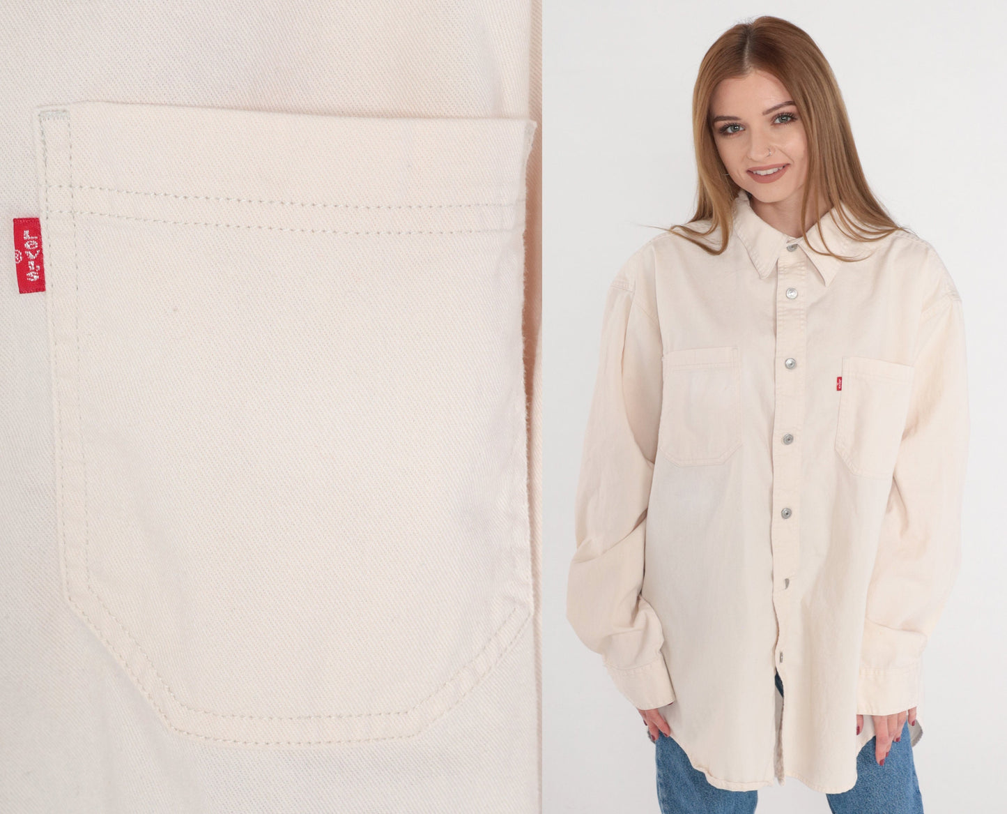 00s Levis Red Tag Denim Button Up Shirt Off-White Cotton Long Sleeve Large L