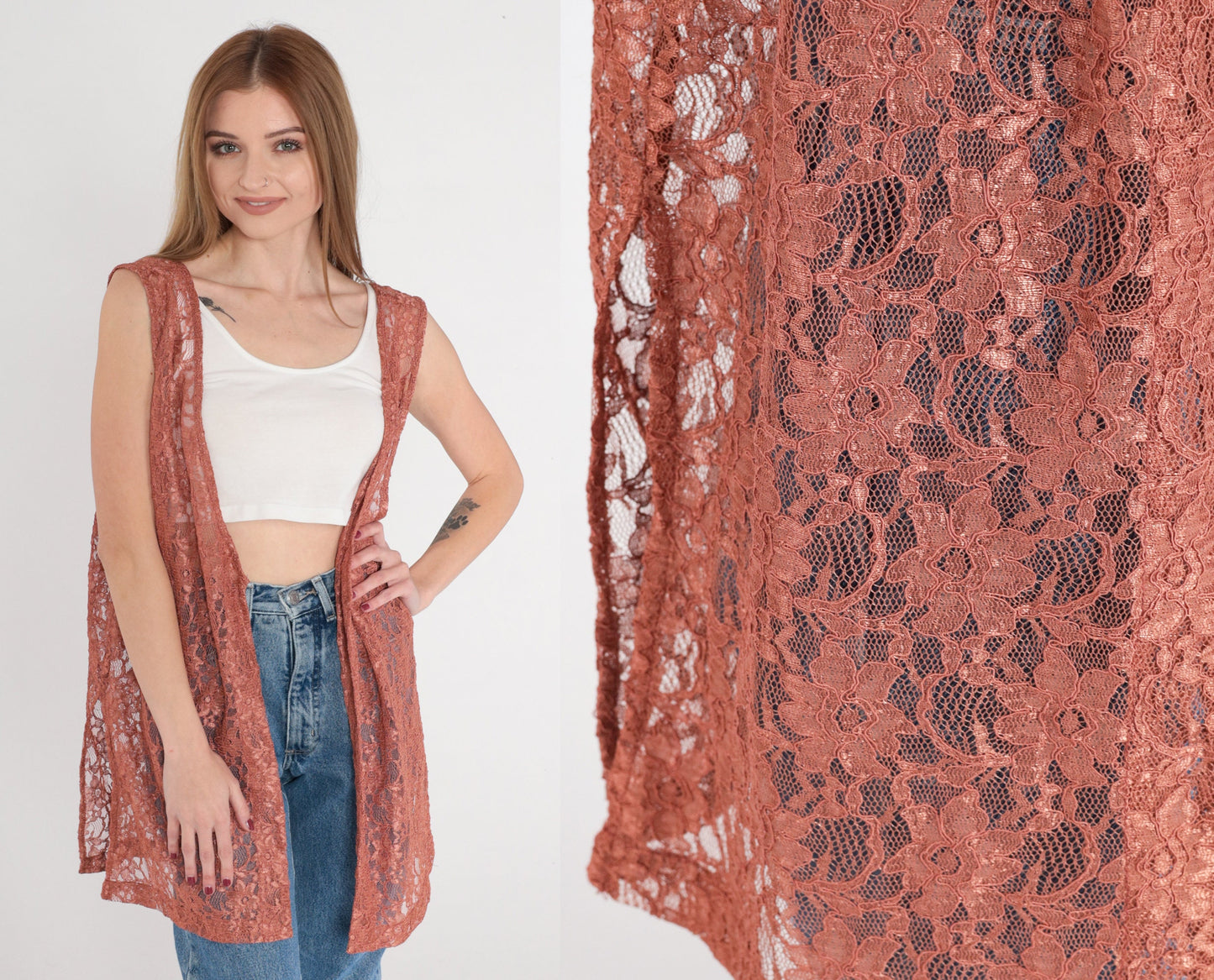 90s Floral Lace Vest Terracotta Sheer Open Front Longline Large L