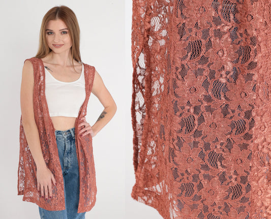 90s Floral Lace Vest Terracotta Sheer Open Front Longline Large L