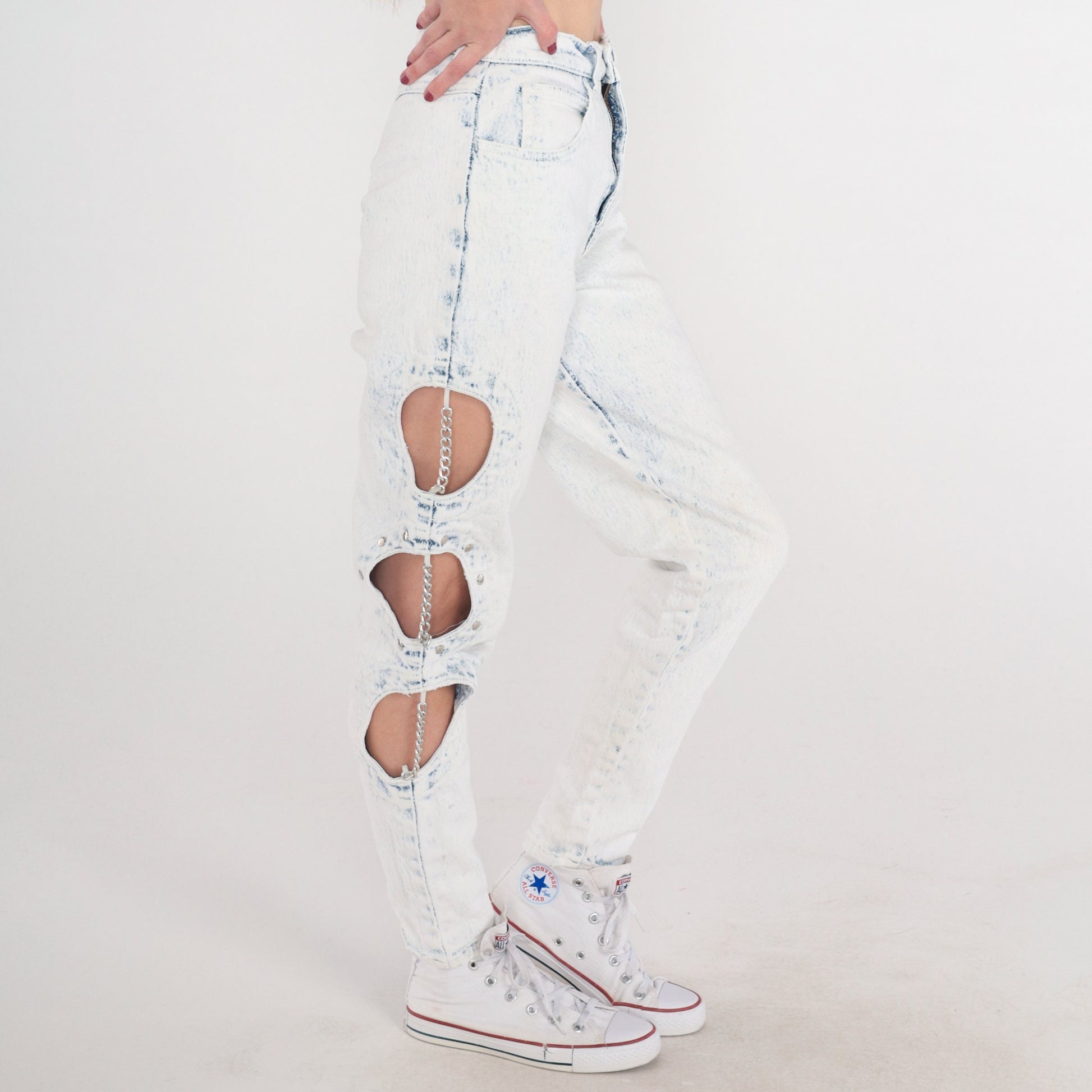 90s Cutout Chain Skinny Jeans Pale Blue Stone Wash High Waisted Extra Small