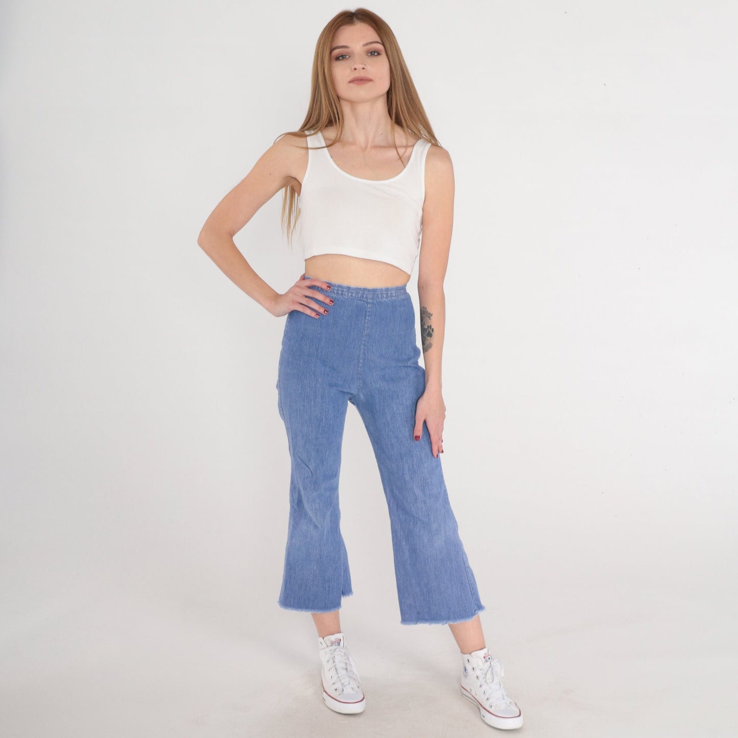 70s Bell Bottom Jeans Cropped High Rise Raw Hem Blue Denim Extra Small