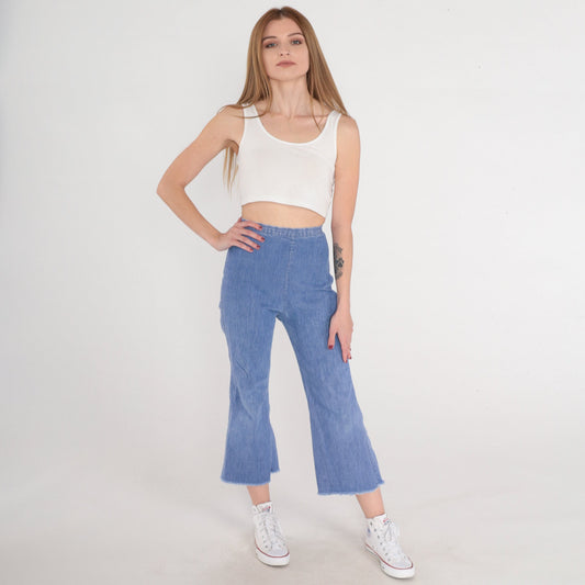 70s Bell Bottom Jeans Cropped High Rise Raw Hem Blue Denim Extra Small