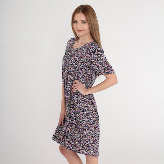 90s Navy Floral Mini Dress Purple Print High Waist Tie Back Medium Large