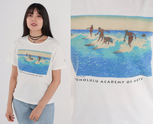 90s Surf Riders Honolulu Graphic T-Shirt Charles William Bartlett White Small