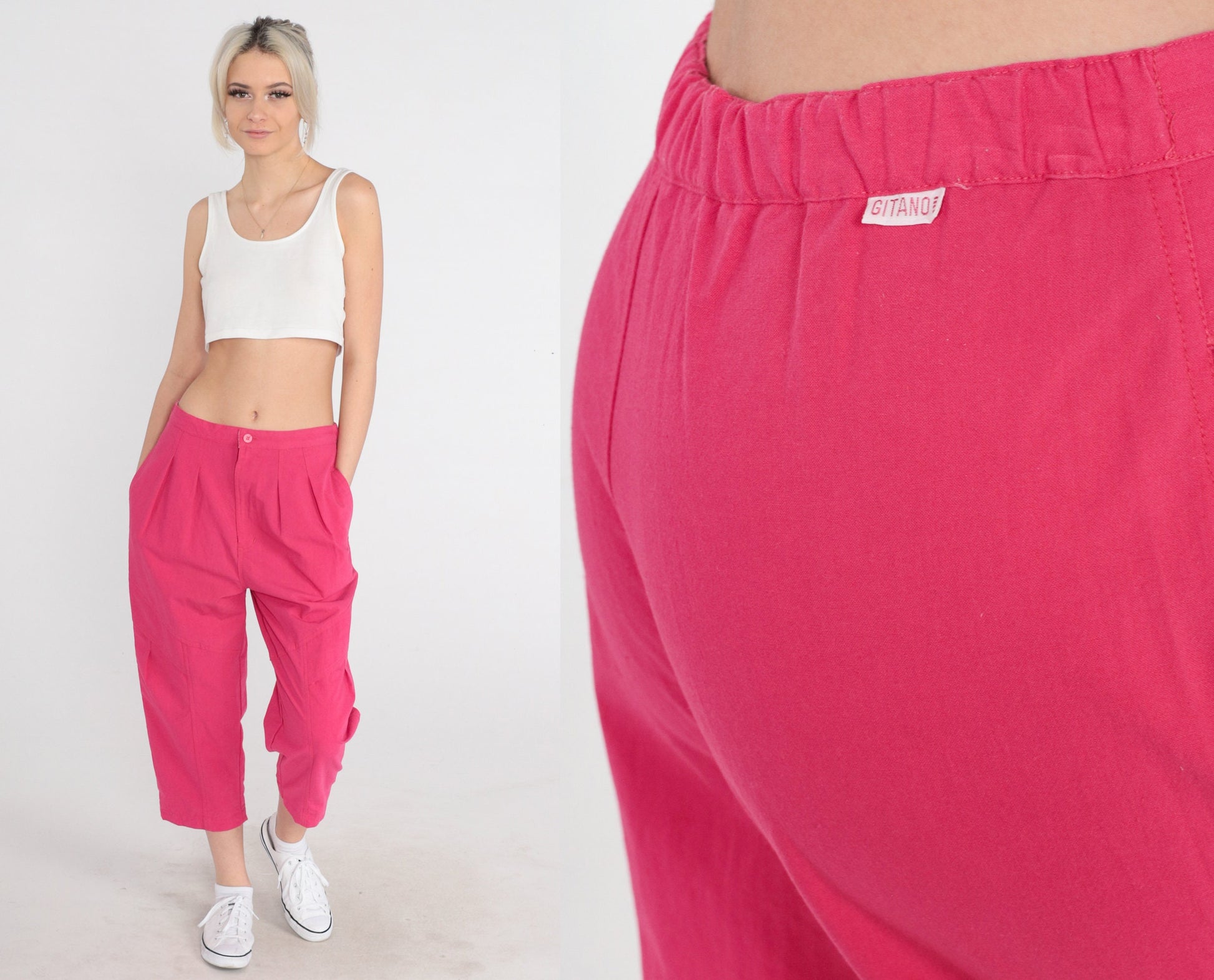 90s Gitano Pink Pleated Cropped Trousers High Rise Cotton Small