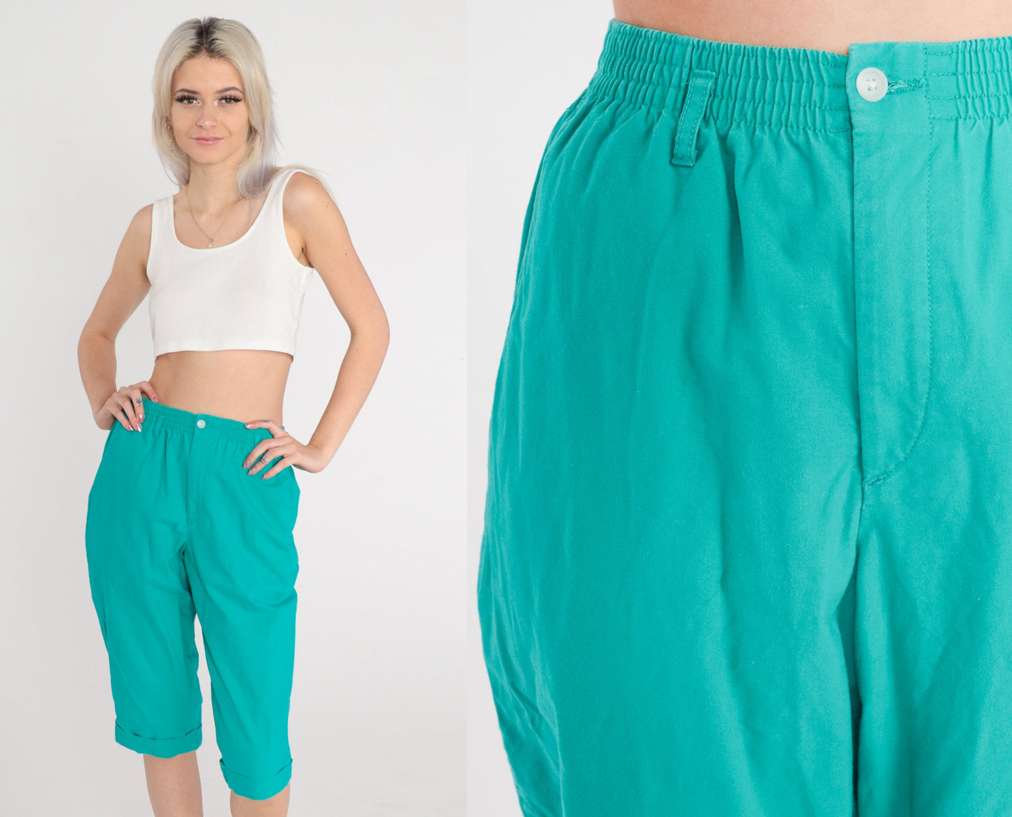 90s Turquoise Capri Pants High Waist Cuffed Cropped Trousers Extra Small