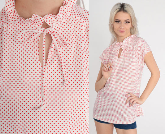 80s Polka Dot Ruffle Blouse White Red High Neck Keyhole Cap Sleeve Medium