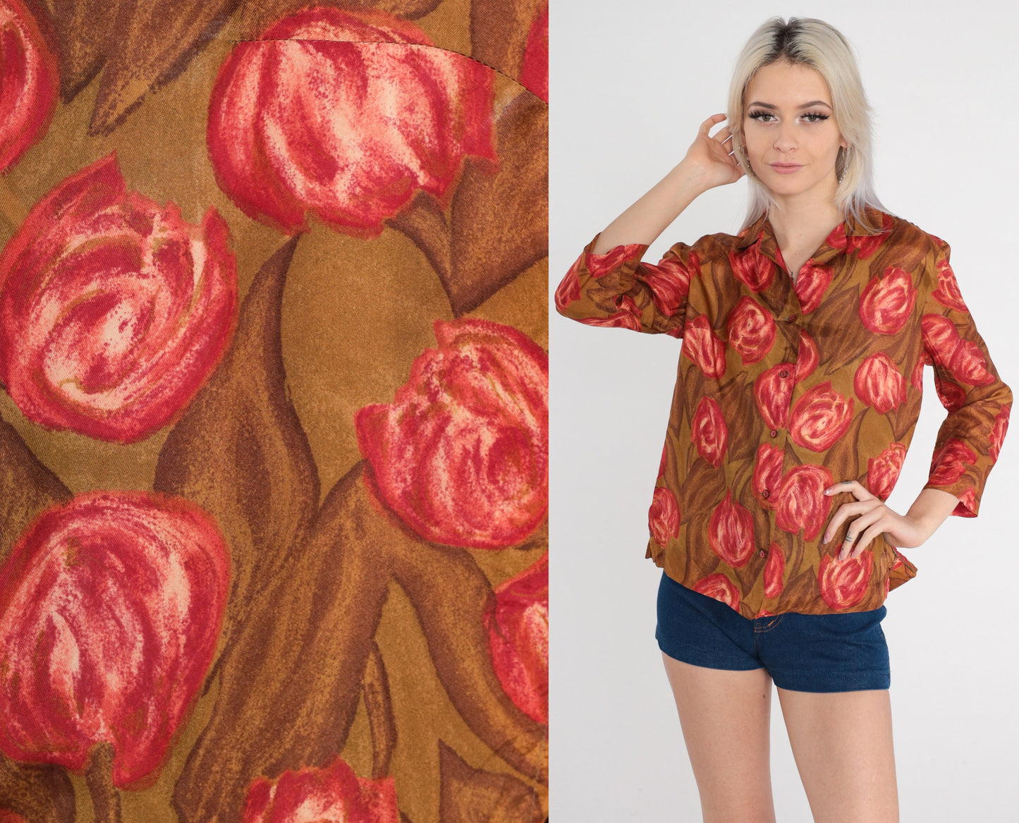 70s Tulip Print Silk Blouse Brown Button Up Floral Shirt 3/4 Sleeve Medium