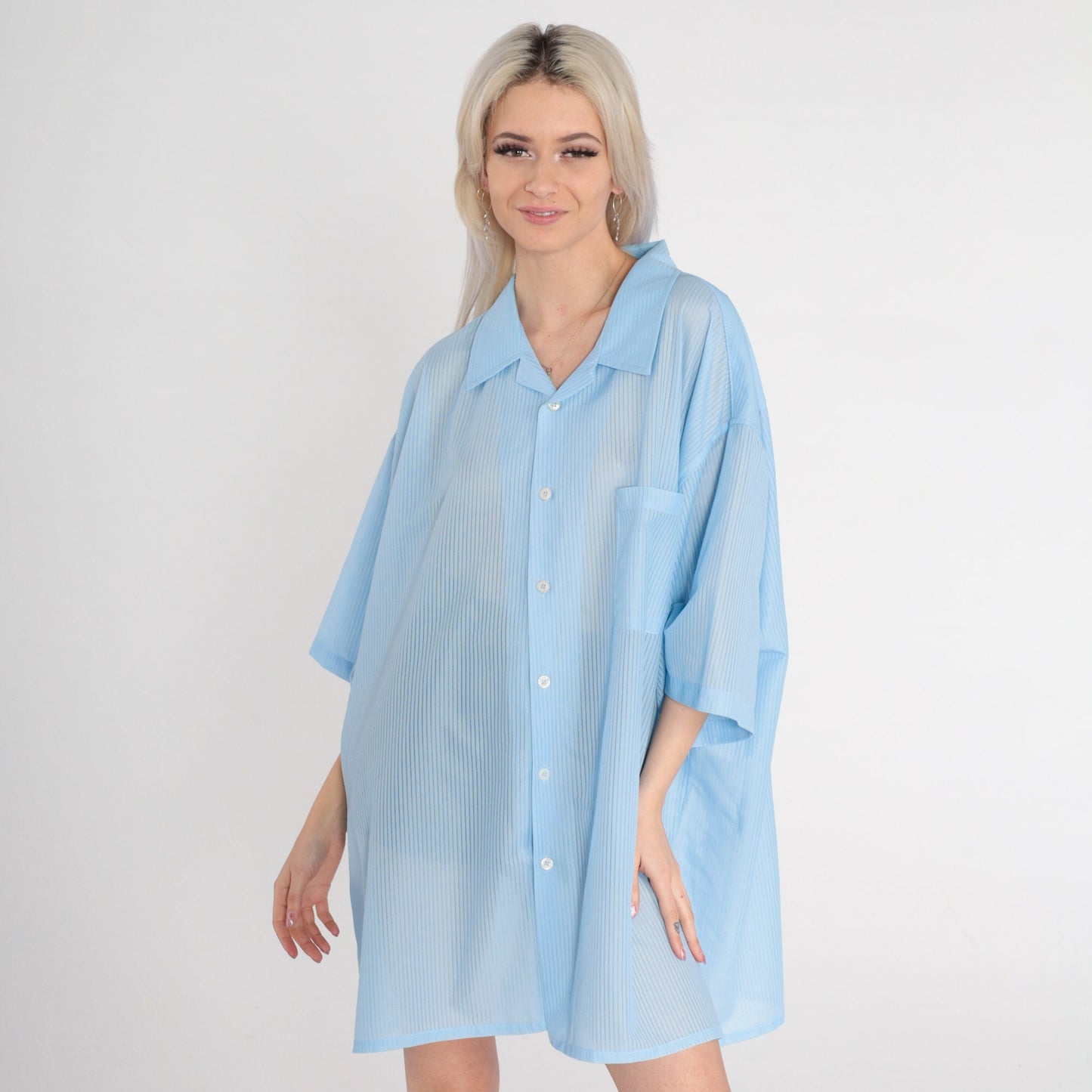 80s Striped Blue Button-Up Shirt Mens 3XL Tall Short Sleeve Chest Pocket
