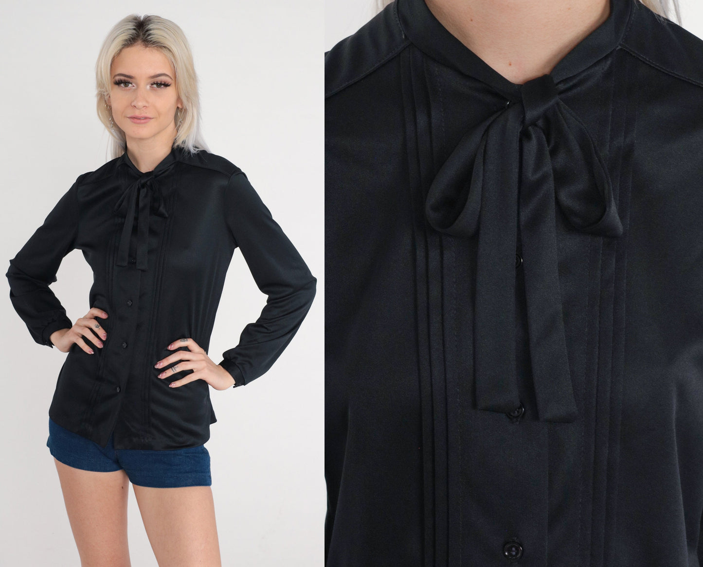 70s Black Ascot Blouse Button-Up Pleated Long Sleeve Neck Bow Small