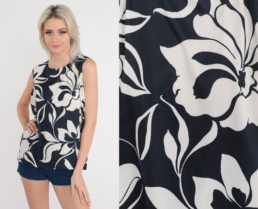 80s Black White Tropical Floral Tank Top Sleeveless Blouse Large L